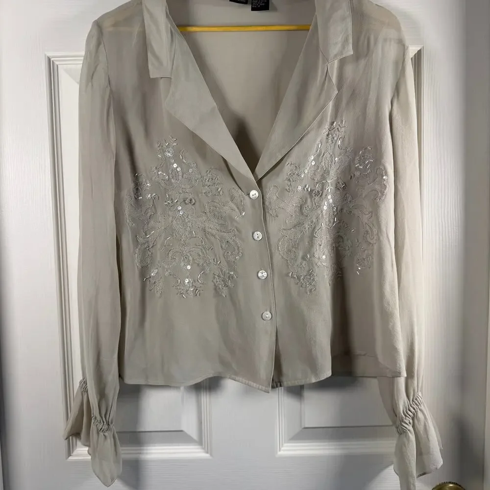 Cami International 100% Silk Blouse Size 12 Champaigne Button Front Long Sl